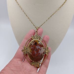 Vintage Necklace Large Floral Botanical Pendant on Gold Tone Chain
